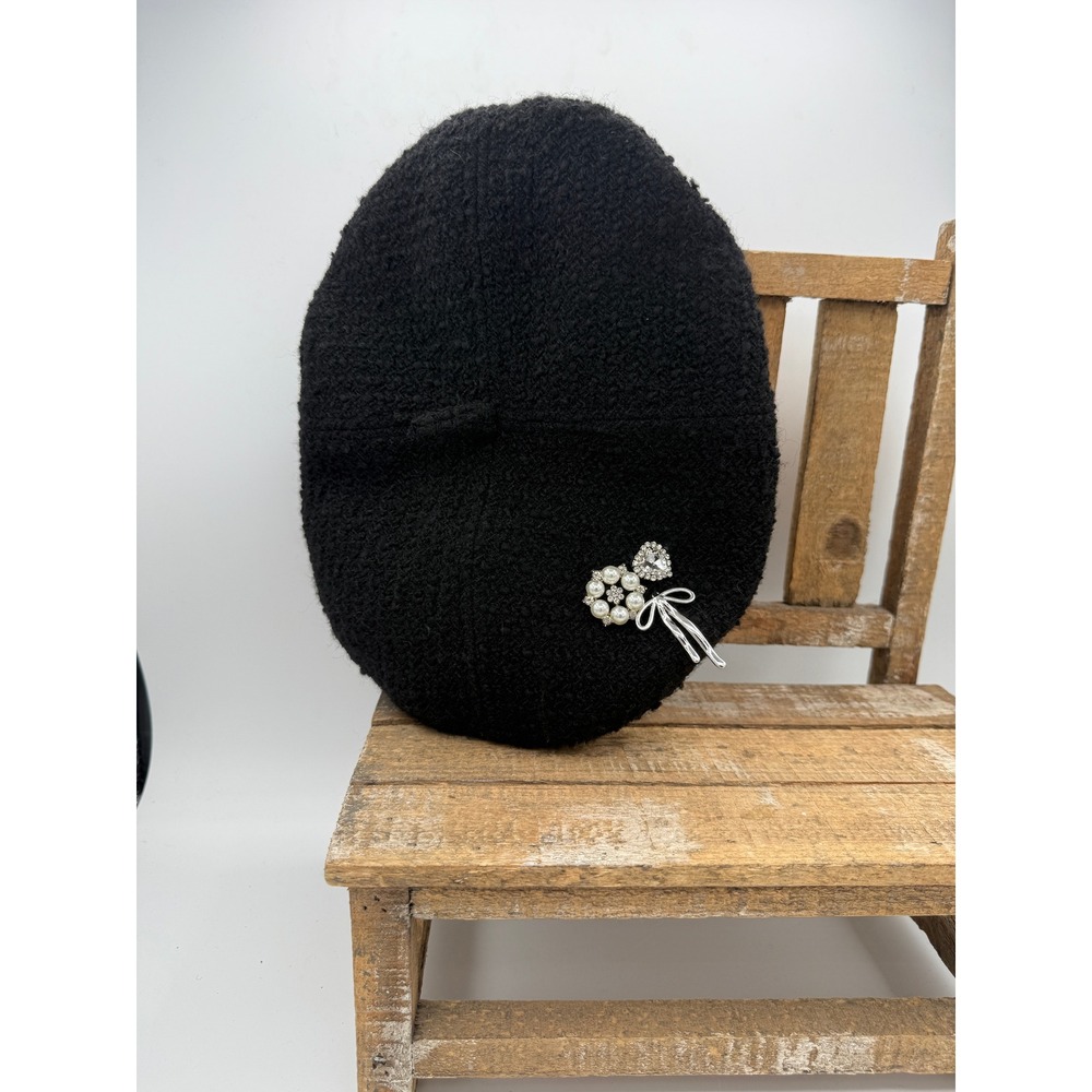 A New Day Black Boucle Wool Blend Beret Hat with Pearl and Crystal Bow Brooch